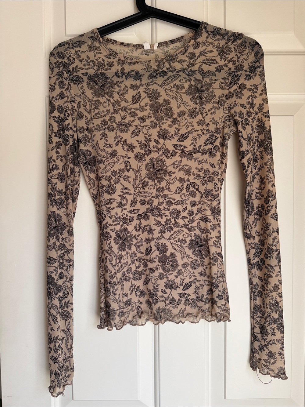 Urban Outfitters Beige Long-Sleeve Floral Mesh Top with Black Floral Print
